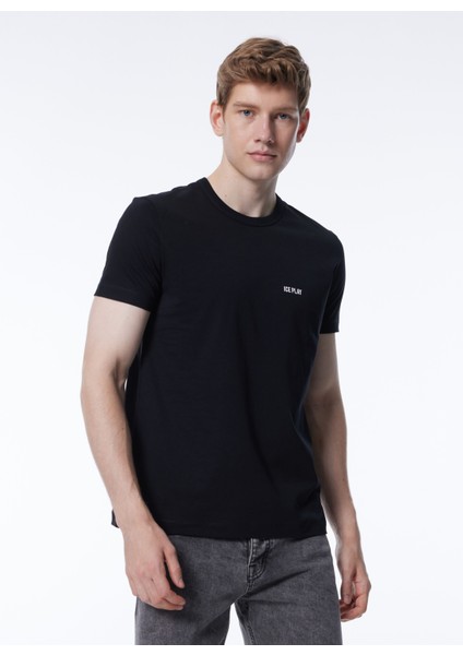 Bisiklet Yaka Düz Siyah Erkek T-Shirt 24EU1M0F01JP400_T-SHIRT