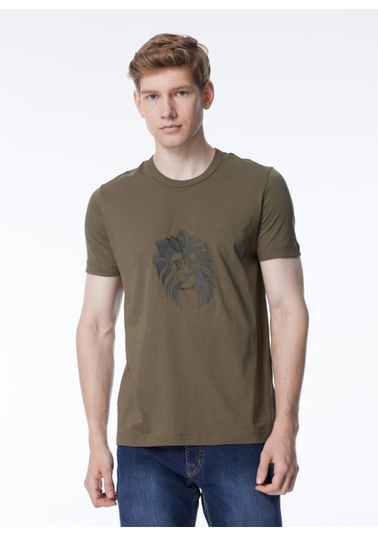 Bisiklet Yaka Baskılı Kahve Erkek T-Shirt 24EU1P0F011P400_T-SHIRT