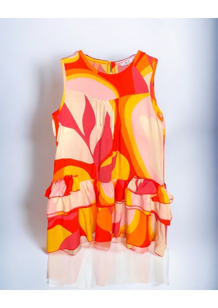 Kız Çocuk Yazlık Cıvıl Cıvıl Renkli Fırfırlı Dökümlü Dokuma Elbise