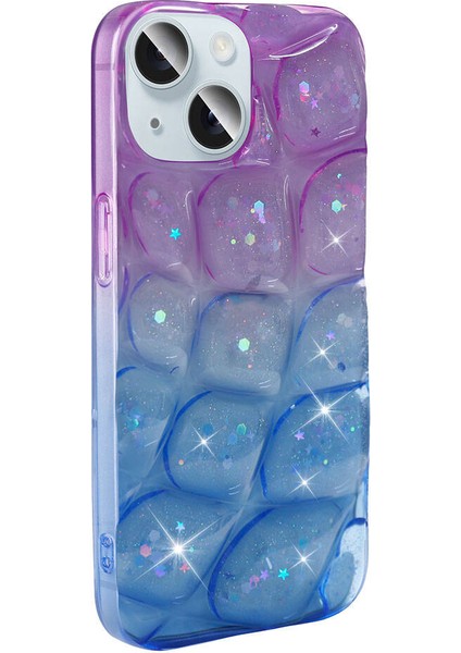 Zeyline iPhone 15 Uyumlu Zyl Kılıf Simli 3D Desenli Zore Hacar Kapak-Mor-Mavi