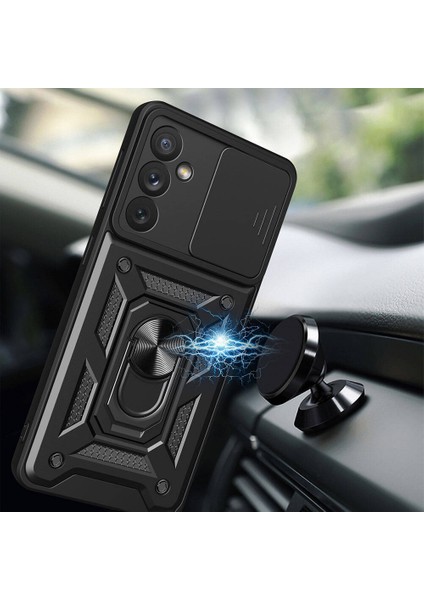 Zeyline Galaxy A34 Uyumlu Zyl Kılıf Magnetik Standlı Kamera Korumalı Zore Sürgülü Vega Kapak-Siyah