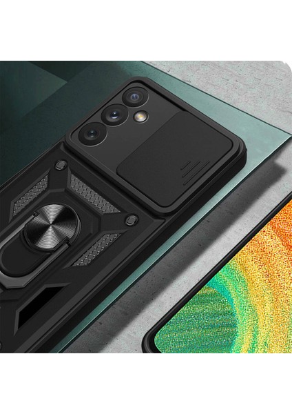 Zeyline Galaxy A34 Uyumlu Zyl Kılıf Magnetik Standlı Kamera Korumalı Zore Sürgülü Vega Kapak-Siyah