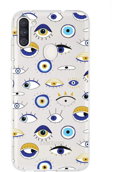 Samsung Galaxy A11 ile Uyumlu 1mm Slim Fit Nazar Boncuğu 2 Baskılı Şeffaf Silikon Kılıf