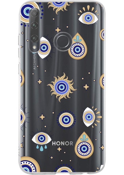 Huawei Honor 20 Lite ile Uyumlu 1mm Slim Fit Nazar Boncuğu 5 Baskılı Şeffaf Silikon Kılıf
