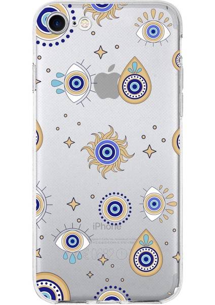 Apple iPhone 8 ile Uyumlu 1mm Slim Fit Nazar Boncuğu 5 Baskılı Şeffaf Silikon Kılıf