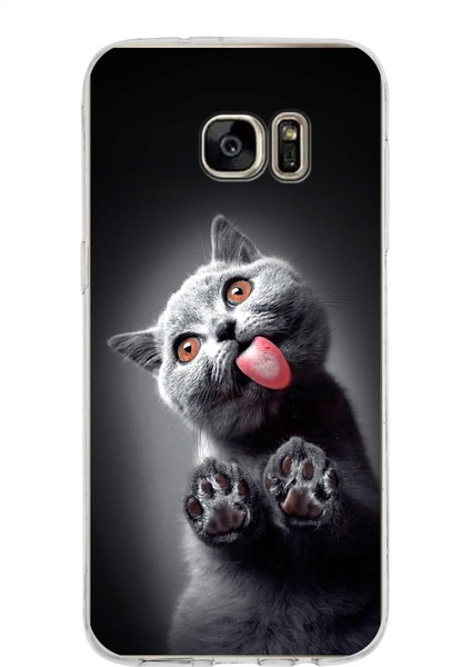 Samsung Galaxy S7 Edge ile Uyumlu 1mm Slim Fit Kedi 3 050C Baskılı Şeffaf Silikon Kılıf