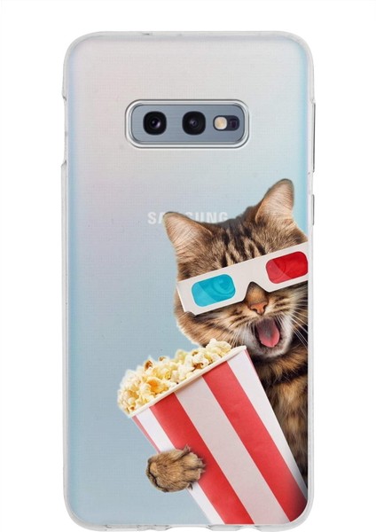 Samsung Galaxy S10E ile Uyumlu 1mm Slim Fit Kedi 1 050B Baskılı Şeffaf Silikon Kılıf