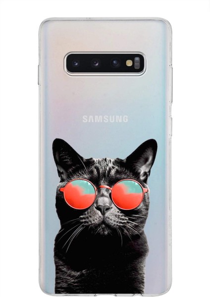 Samsung Galaxy S10 Plus ile Uyumlu 1mm Slim Fit Kedi 3 050D Baskılı Şeffaf Silikon Kılıf
