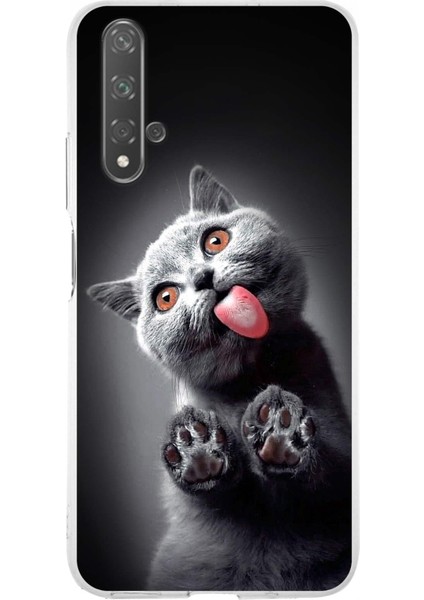 Huawei Honor 20 ile Uyumlu 1mm Slim Fit Kedi 2 050C Baskılı Şeffaf Silikon Kılıf
