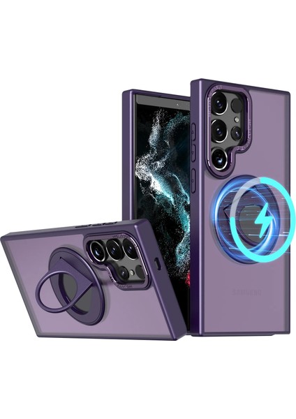 Samsung Galaxy S24 ile Uyumlu Kılıf 360° Dönen Magstand Kılıf Yüzüklü Parmak Geçmeli Stand Olabilen 2mm Çıkıntı Kamera Koruma Magsafe ile Uyumlu Matte Ring Kapak Purple