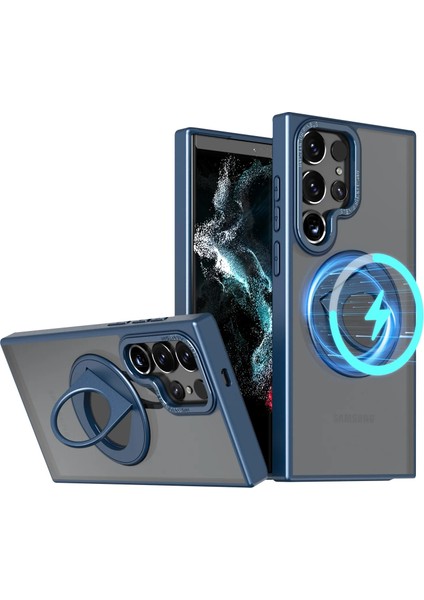 Samsung Galaxy S24 ile Uyumlu Kılıf 360° Dönen Magstand Kılıf Yüzüklü Parmak Geçmeli Stand Olabilen 2mm Çıkıntı Kamera Koruma Magsafe ile Uyumlu Matte Ring Kapak Dark Blue