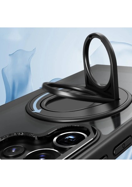 Samsung Galaxy S24 ile Uyumlu Kılıf 360° Dönen Magstand Kılıf Yüzüklü Parmak Geçmeli Stand Olabilen 2mm Çıkıntı Kamera Koruma Magsafe ile Uyumlu Matte Ring Kapak Dark Blue