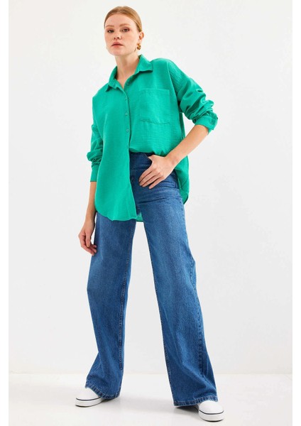 Kadın Su Yeşil Tek Cepli Oversize Keten Ayrobin Gömlek HZL24S-BD1201531