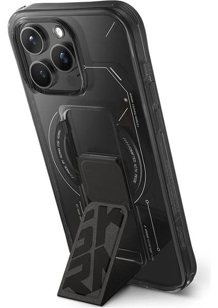 iPhone 15 Pro Max Kılıf Skinarma Magsafe Şarj Özellikli Teknoloji Desenli Standlı Helio Kapak Siyah modelleri