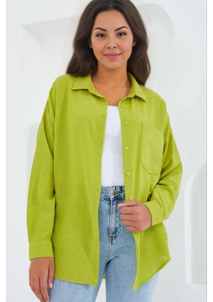 Kadın Fıstık Yeşil Tek Cepli Oversize Keten Ayrobin Gömlek HZL24S-BD1201531