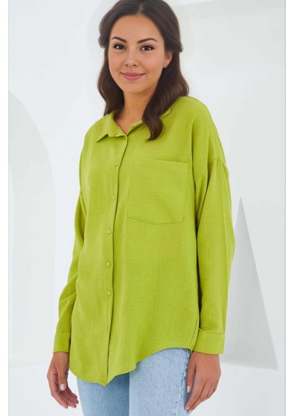 Kadın Fıstık Yeşil Tek Cepli Oversize Keten Ayrobin Gömlek HZL24S-BD1201531