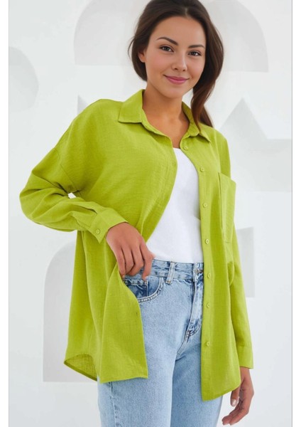 Kadın Fıstık Yeşil Tek Cepli Oversize Keten Ayrobin Gömlek HZL24S-BD1201531
