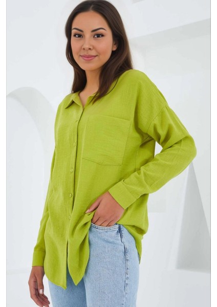Kadın Fıstık Yeşil Tek Cepli Oversize Keten Ayrobin Gömlek HZL24S-BD1201531