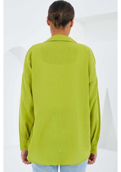 Kadın Fıstık Yeşil Tek Cepli Oversize Keten Ayrobin Gömlek HZL24S-BD1201531