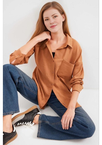Kadın Camel Tek Cepli Oversize Keten Ayrobin Gömlek HZL24S-BD1201531