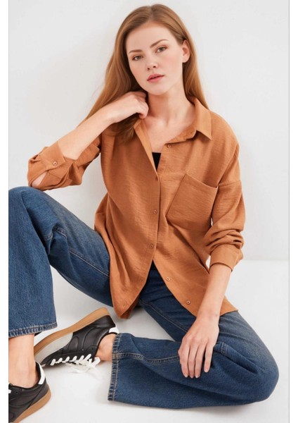 Kadın Camel Tek Cepli Oversize Keten Ayrobin Gömlek HZL24S-BD1201531