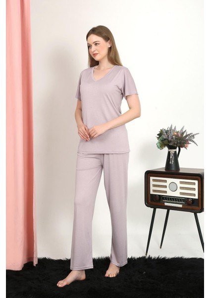 Kadın Kısa Kol Pamuk Penye Pijama Takım Pudra 4213