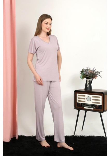 Kadın Kısa Kol Pamuk Penye Pijama Takım Pudra 4213 modelleri