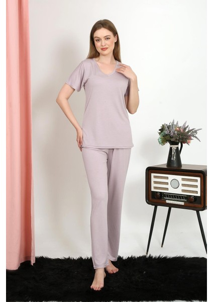 Kadın Kısa Kol Pamuk Penye Pijama Takım Pudra 4213 fırsatları