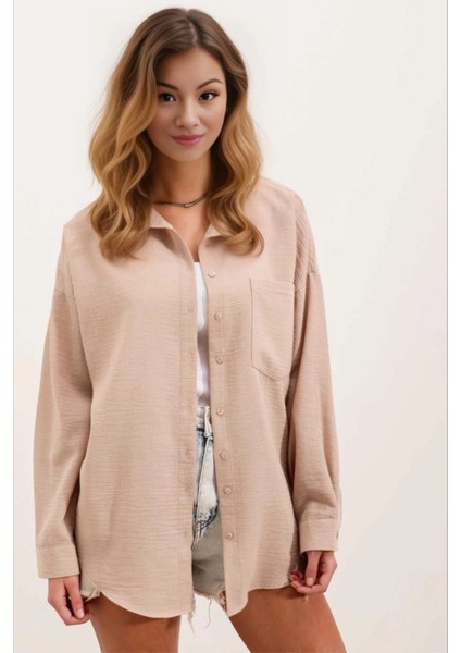 Kadın Bisküvi Tek Cepli Oversize Keten Ayrobin Gömlek HZL24S-BD1201531 fırsatları