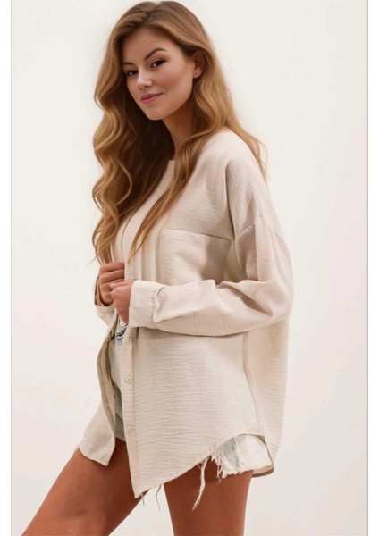 Kadın Açık Bej Tek Cepli Oversize Keten Ayrobin Gömlek HZL24S-BD1201531 modelleri