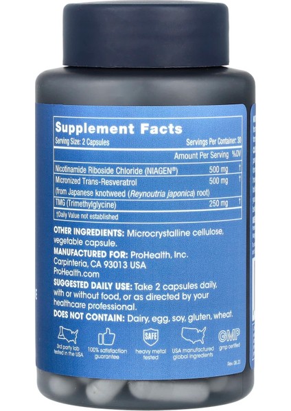 Dietary Supplement Nicotinamide Riboside Pro Complete, 1,250 Mg, 60 Capsules