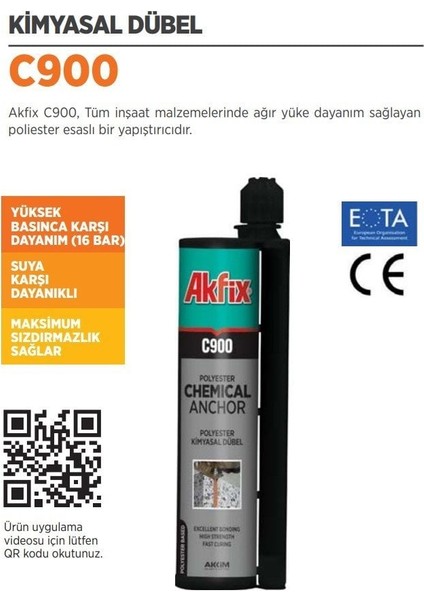 C900 Kimyasal Dubel Yeni Versiyon Suya Basınca Dayanıklı 1 Adet 345 ml