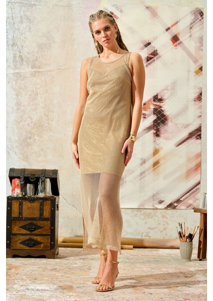 Varaklı File Elbise Altın