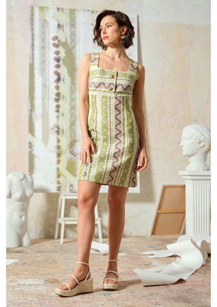 Kilim Desenli Mini Elbise Haki