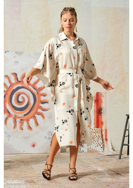 Güneş Desenli Elbise Bej