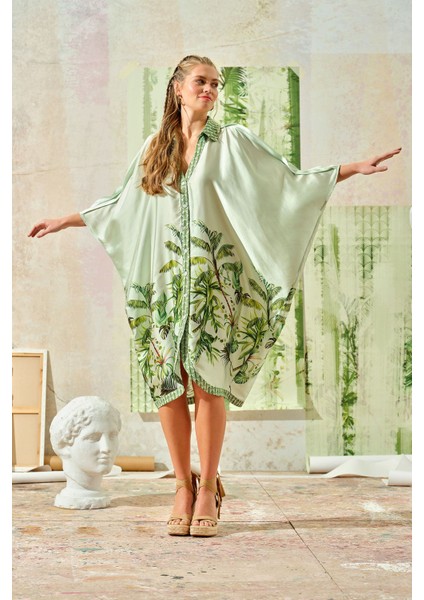 Yarasa Kol Tropik Baskılı Elbise Yeşil