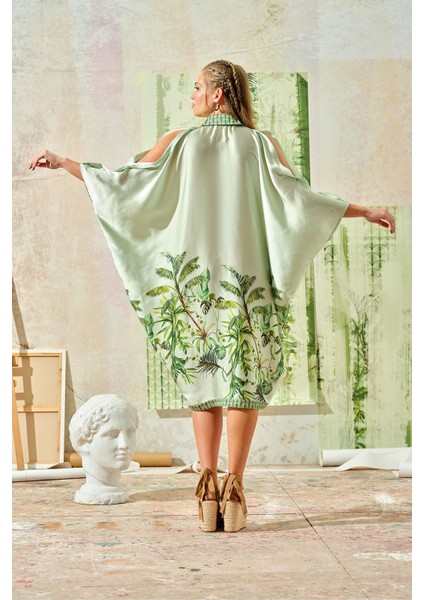 Yarasa Kol Tropik Baskılı Elbise Yeşil fırsatları
