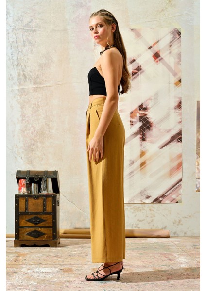 Wide Leg Viscon Pantolon Safran modelleri