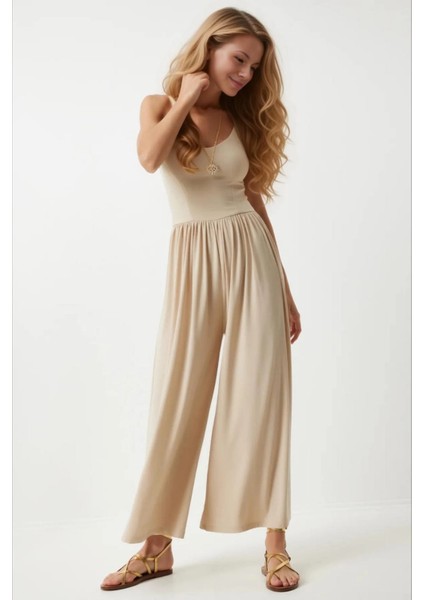 Kadın Krem Ayarlanabilir Askılı Beli Lastikli Bol Paça Yazlık Örme Tulum HZL24S-BD170291