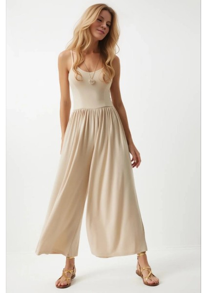 Kadın Krem Ayarlanabilir Askılı Beli Lastikli Bol Paça Yazlık Örme Tulum HZL24S-BD170291 fiyatları