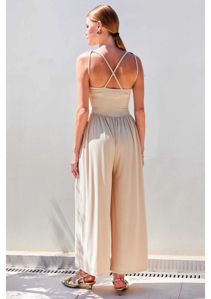 Kadın Krem Ayarlanabilir Askılı Beli Lastikli Bol Paça Yazlık Örme Tulum HZL24S-BD170291 fırsatları
