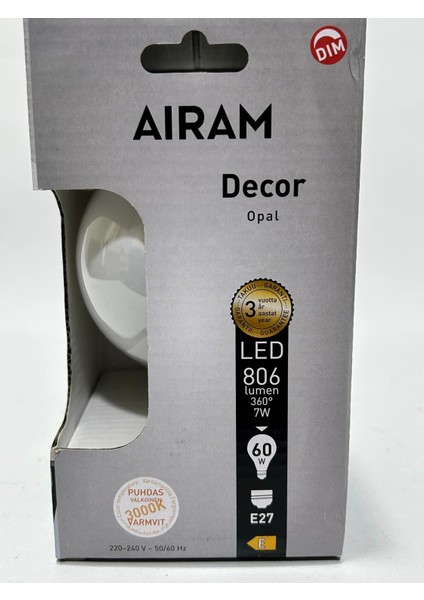 Airam Decor Opal Dim Edilebilir LED Ampul 3000K 7W=60W