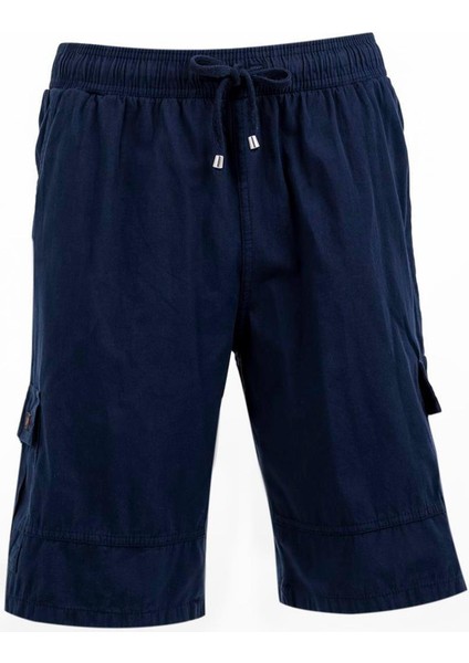Lacivert Kargo Cepli Beli Lastikli Unisex Keten Şort %100 Pamuk