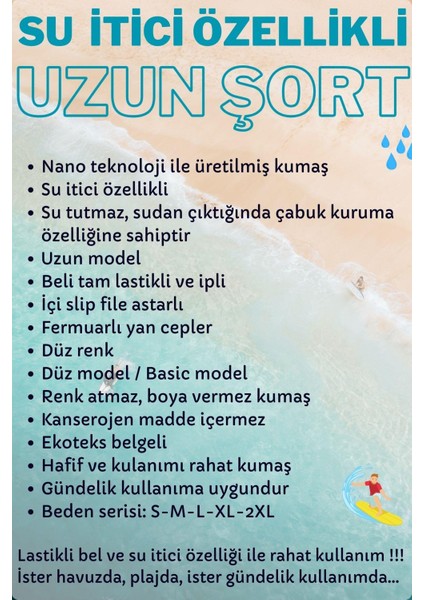 Lacivert Uzun Boy Basic Model Su Itici Özellikli Düz Renk Erkek Plaj Deniz Şort Mayo - 2206-LACIVERT