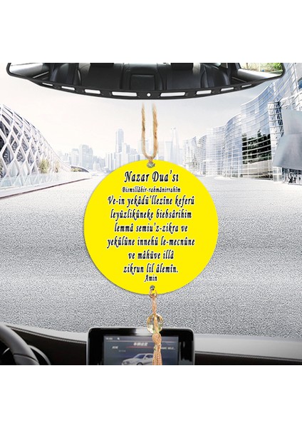 Çift Taraflı Sizlere Özel Arkası Nazar Dualı ve Uyarıcı Notlu Düz Sarı Dikiz Aynası Süsü fiyatları