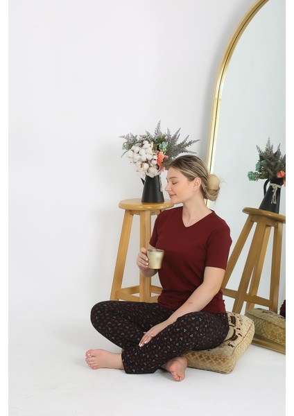 Kadın Kısa Kol Pamuk Penye Pijama Takım Bordo 4214