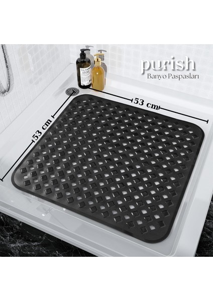 | Banyo Duş Için Vantuzlu Kaydırmaz, Su Drenajlı, Masaj Noktalı Paspas - Mat Siyah - 53X53CM