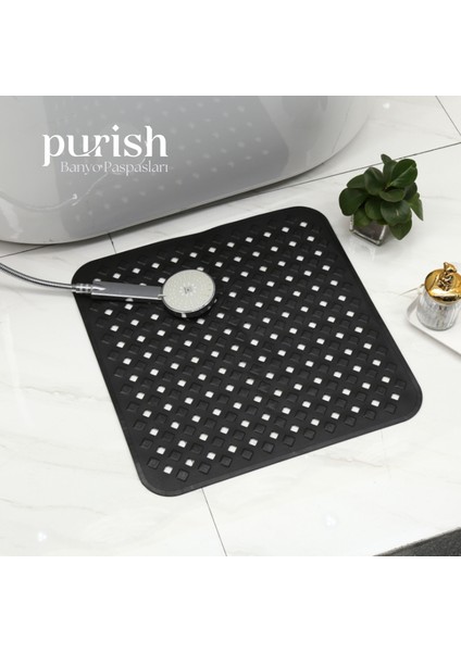 | Banyo Duş Için Vantuzlu Kaydırmaz, Su Drenajlı, Masaj Noktalı Paspas - Mat Siyah - 53X53CM