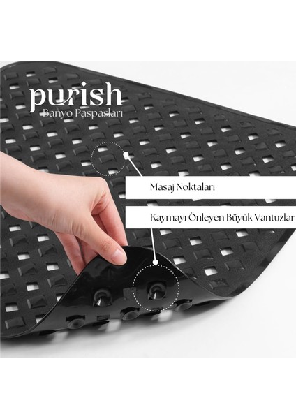 | Banyo Duş Için Vantuzlu Kaydırmaz, Su Drenajlı, Masaj Noktalı Paspas - Mat Siyah - 53X53CM