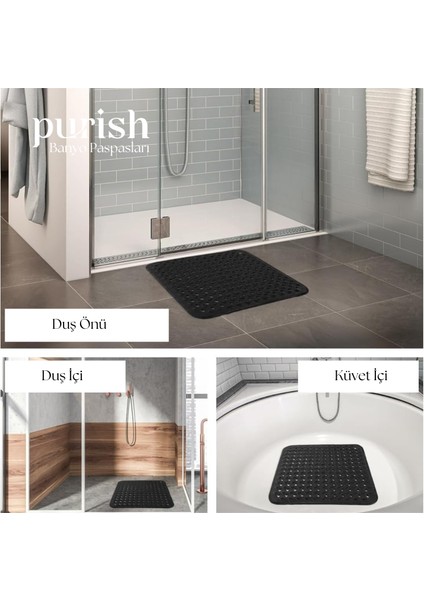 | Banyo Duş Için Vantuzlu Kaydırmaz, Su Drenajlı, Masaj Noktalı Paspas - Mat Siyah - 53X53CM